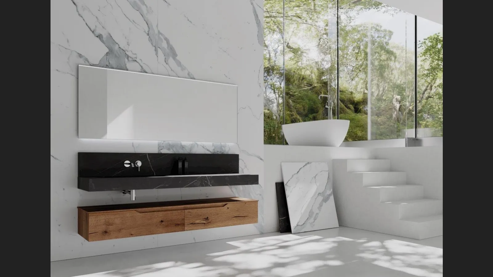 Mobile da bagno sospeso in legno con top in HPL effetto marmo Rustech RT15 di Arteba